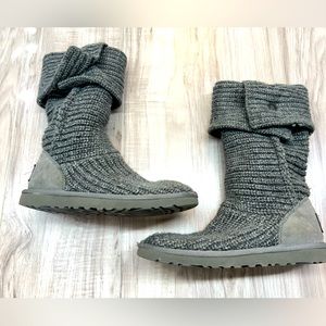 UGG Classic Cardy Boots Grey Wool Knit Tall Button Winter Boots Size 6